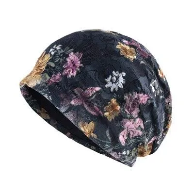 Autumn Winter Floral Printed Thin Beanie Caps for Women