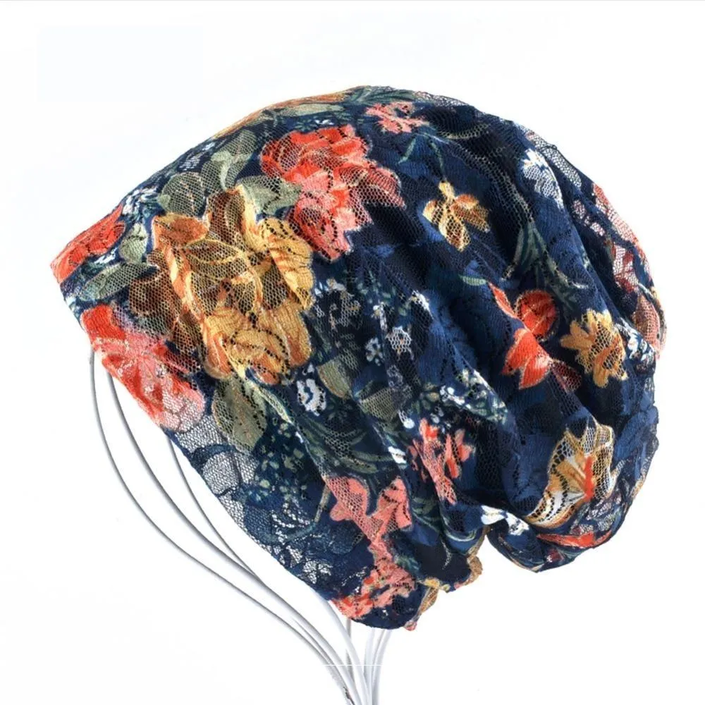 Autumn Winter Floral Printed Thin Beanie Caps for Women