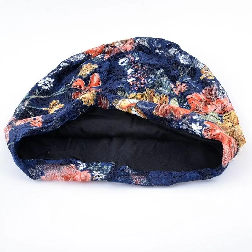 Autumn Winter Floral Printed Thin Beanie Caps for Women