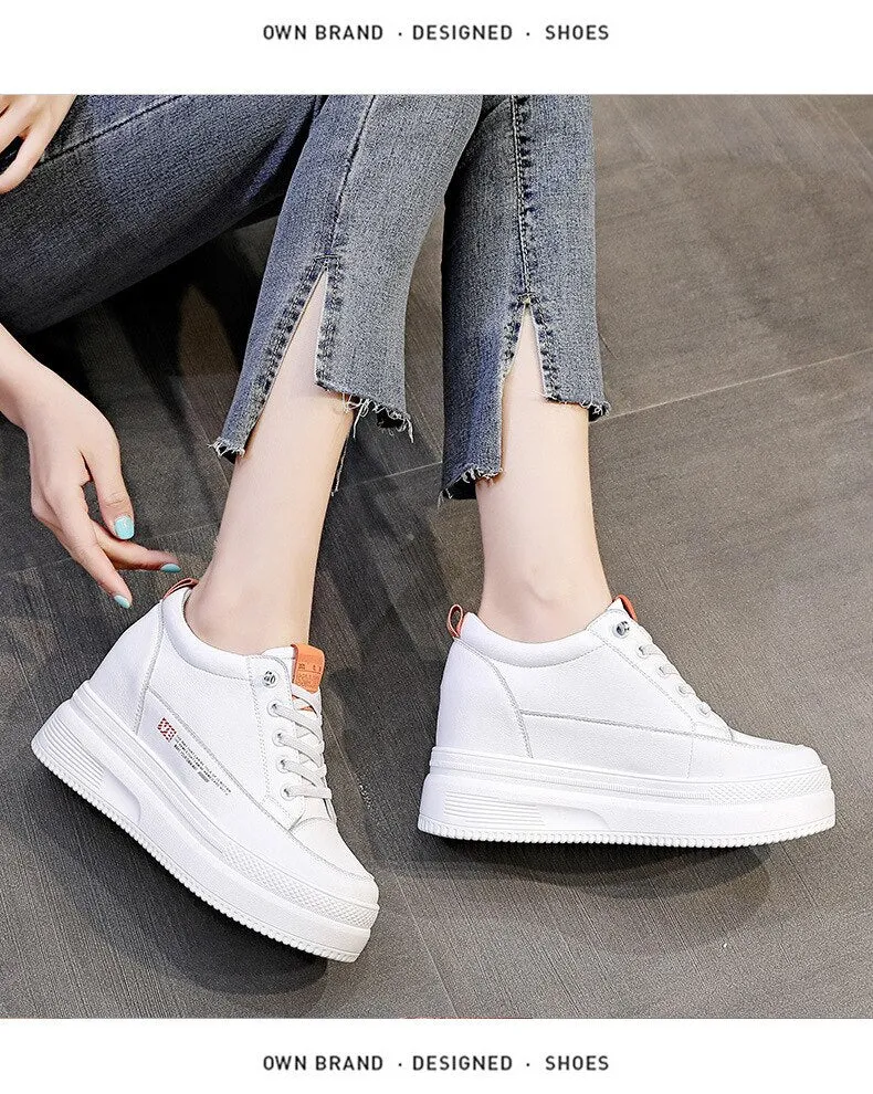 Autumn Women's Genuine Leather Height Increased 8.5cm Wedge Sneakers