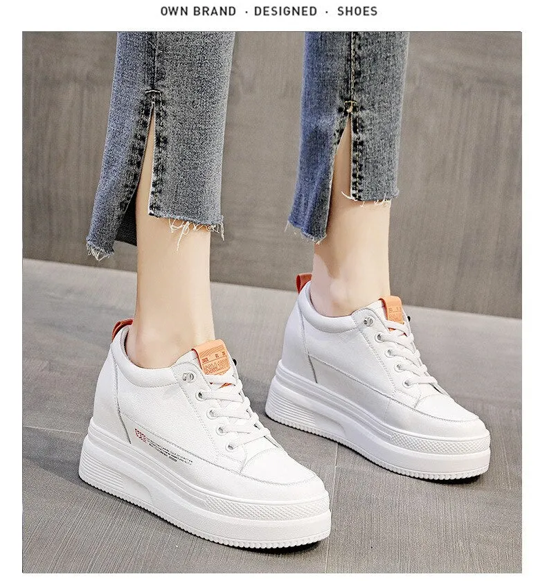 Autumn Women's Genuine Leather Height Increased 8.5cm Wedge Sneakers