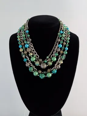 Awesome 1960's Green & Blue Multi Strand Statement Necklace / OS