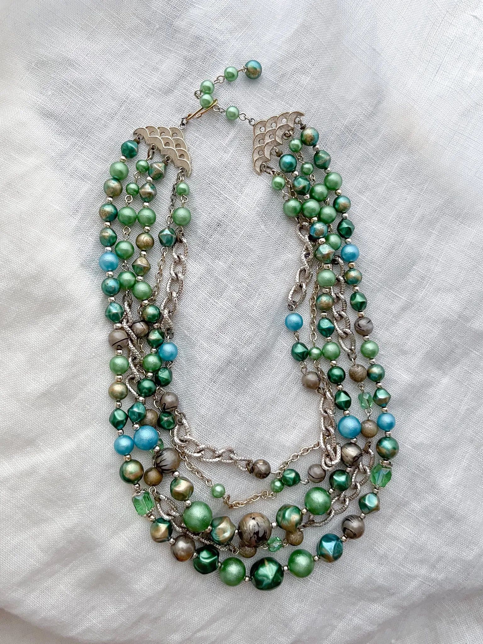 Awesome 1960's Green & Blue Multi Strand Statement Necklace / OS