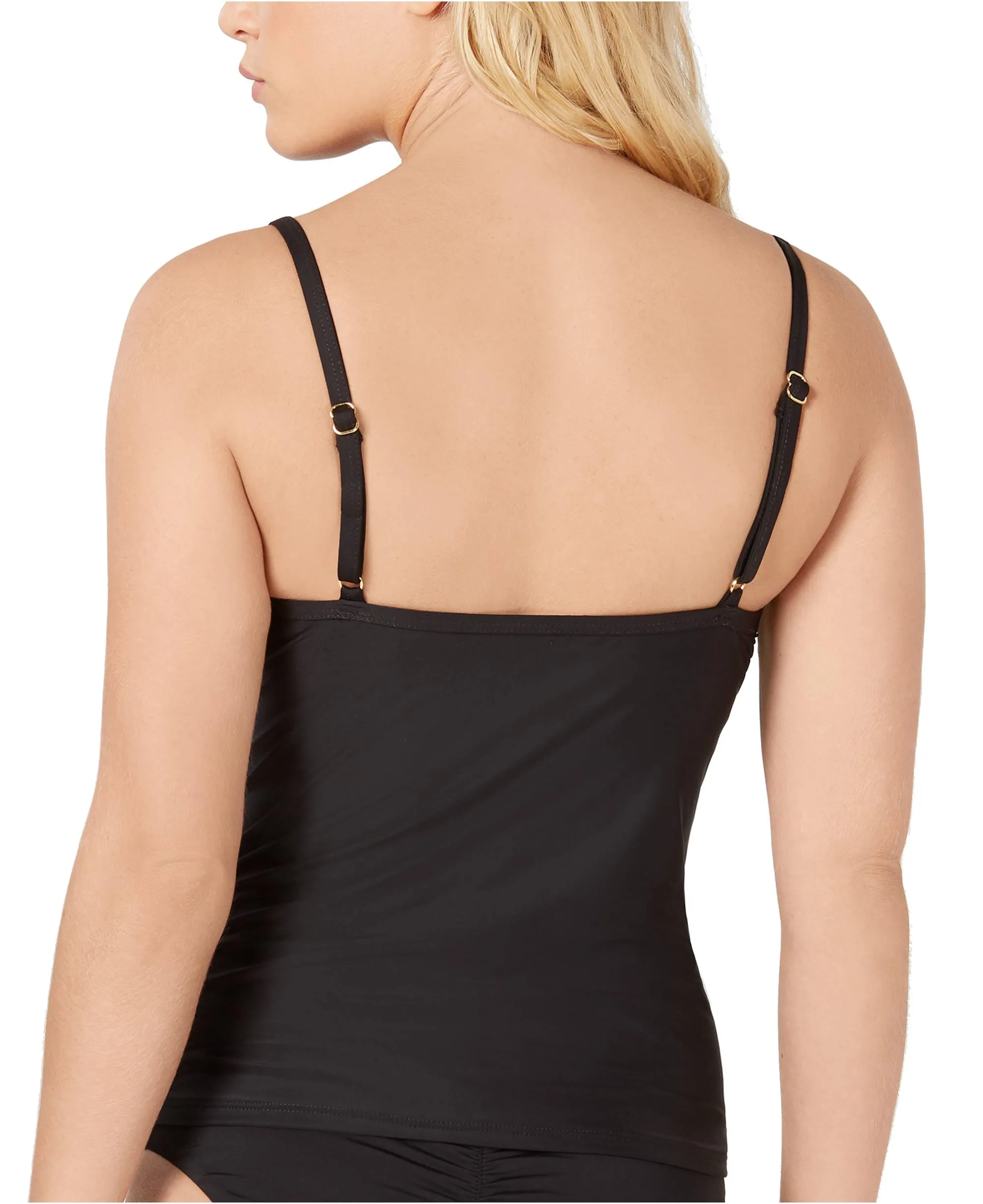 Bar III Women's Solid Plunging Molded Cup Tankini Top, Black, XL