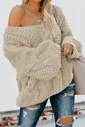 Beige Braided Knit Long Sleeve Winter Sweater