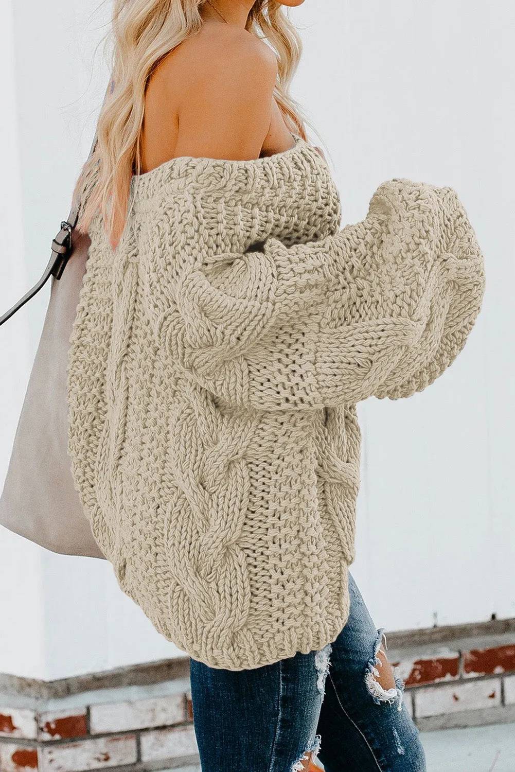 Beige Braided Knit Long Sleeve Winter Sweater