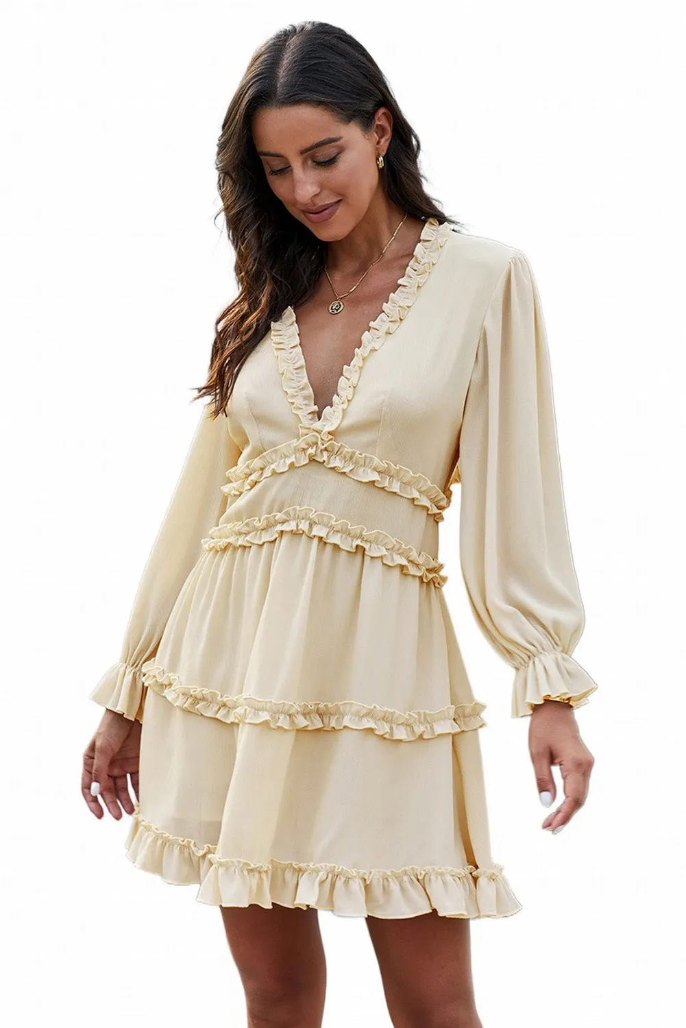 Beige V Neck Ruffle Detailing Open Back Long Sleeve Dress