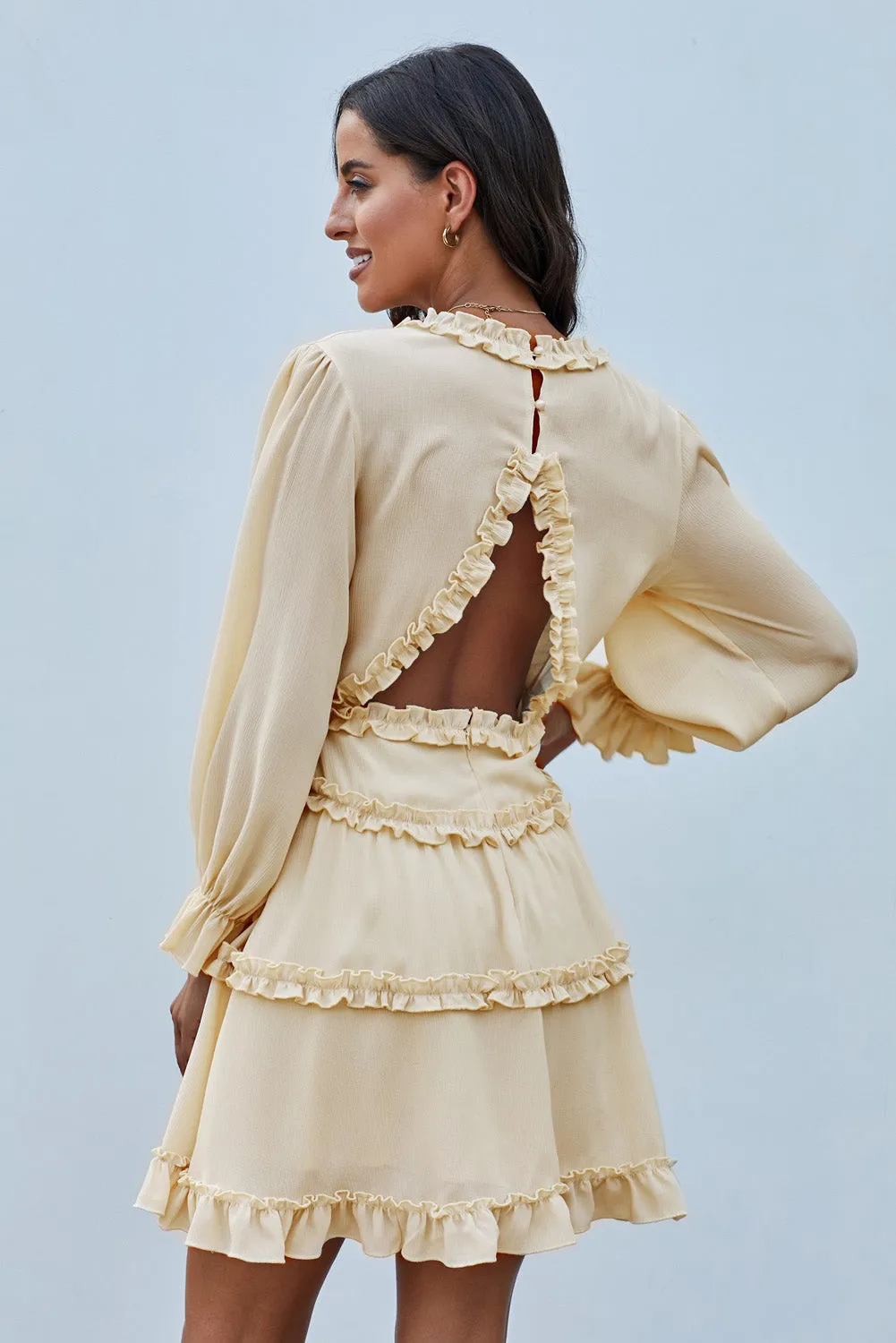 Beige V Neck Ruffle Detailing Open Back Long Sleeve Dress