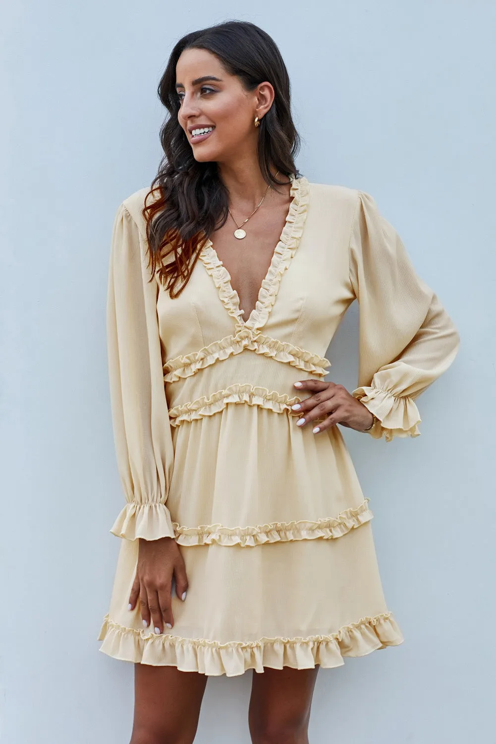 Beige V Neck Ruffle Detailing Open Back Long Sleeve Dress