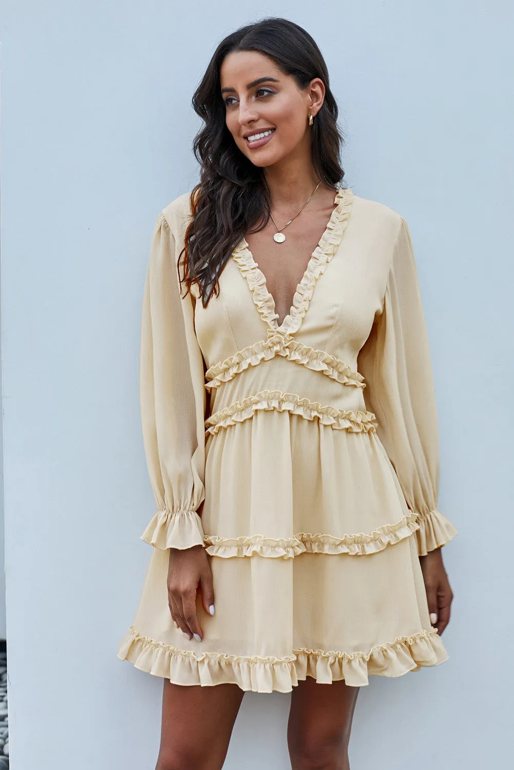 Beige V Neck Ruffle Detailing Open Back Long Sleeve Dress