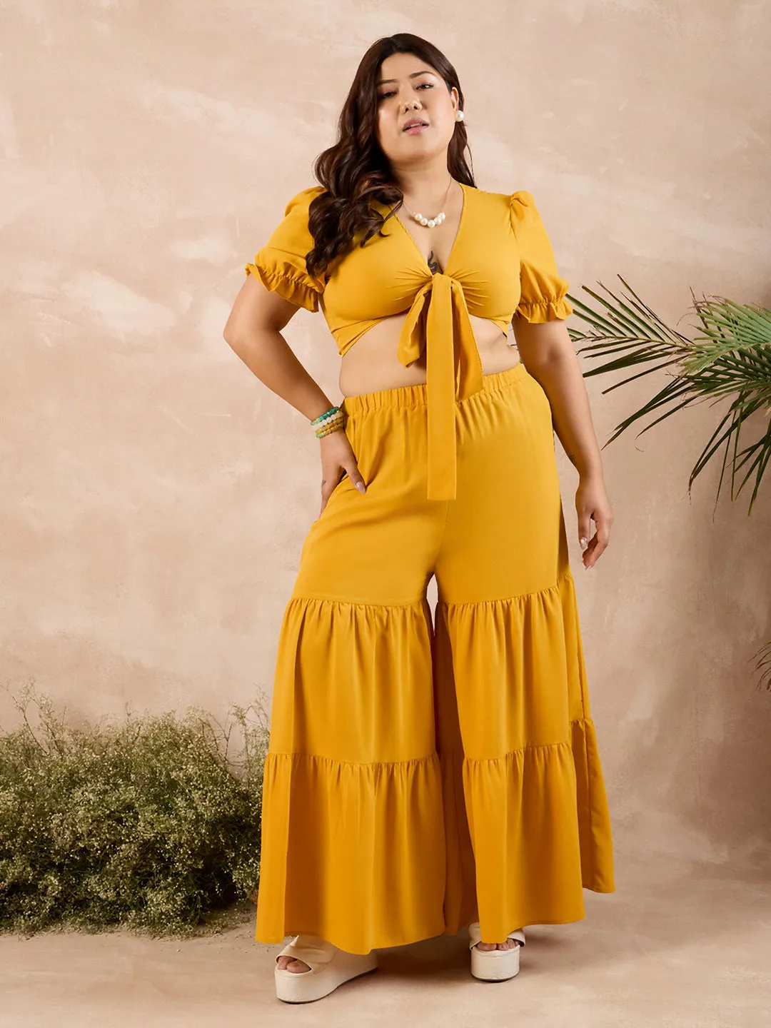 Berrylush Curve Women Yellow Solid V-Neck Crop Top With Wide Leg Trousers Set