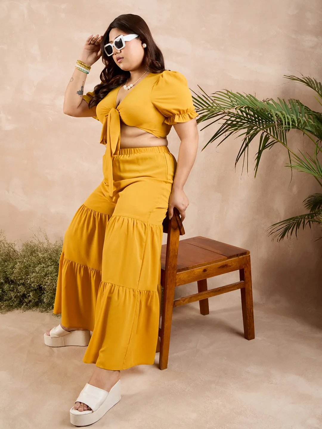 Berrylush Curve Women Yellow Solid V-Neck Crop Top With Wide Leg Trousers Set