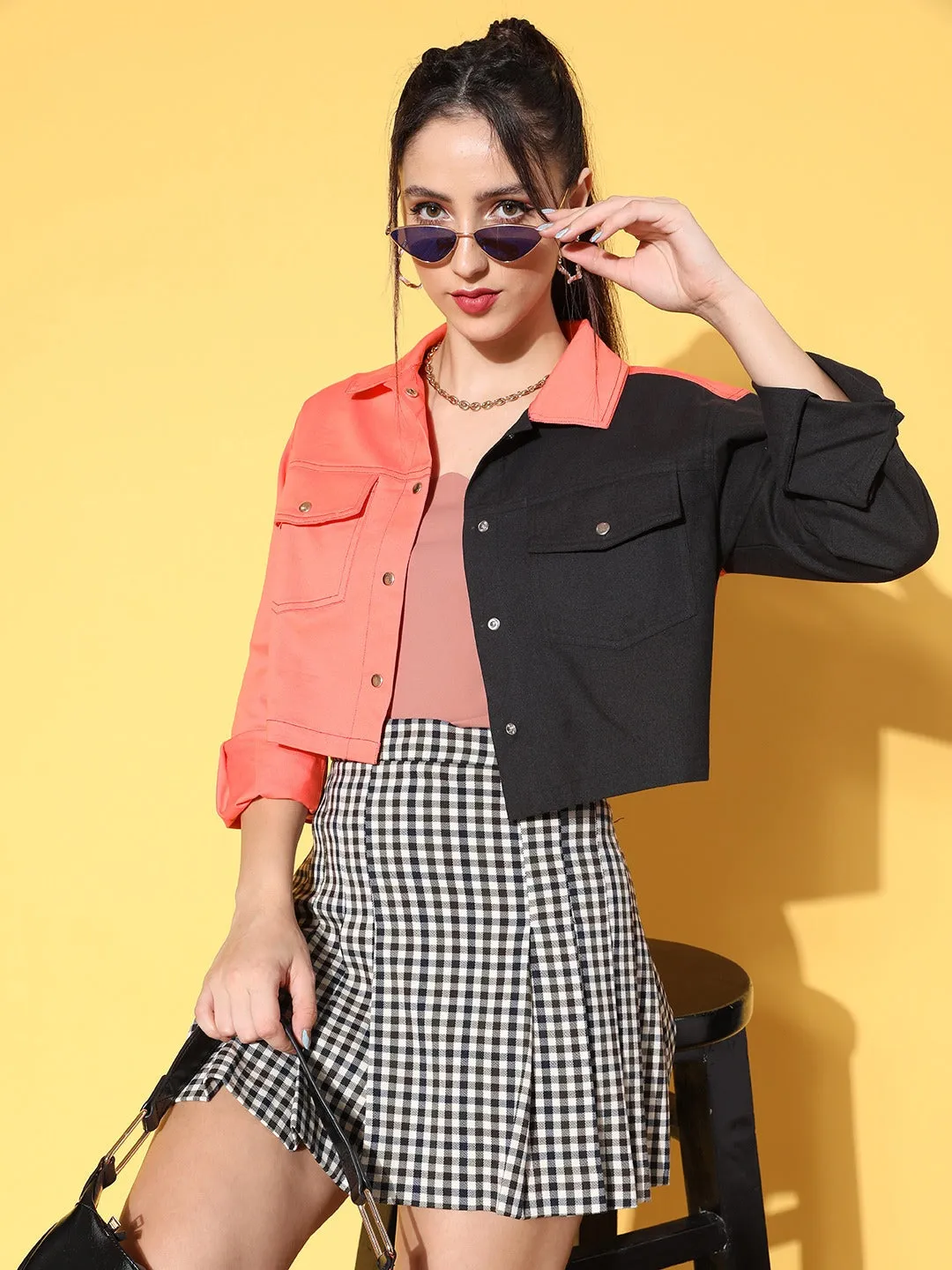 Berrylush Women Black & Coral Orange Colourblocked Pattern Spread Collar Neck Drop-Shoulder Tailored Crop Jacket