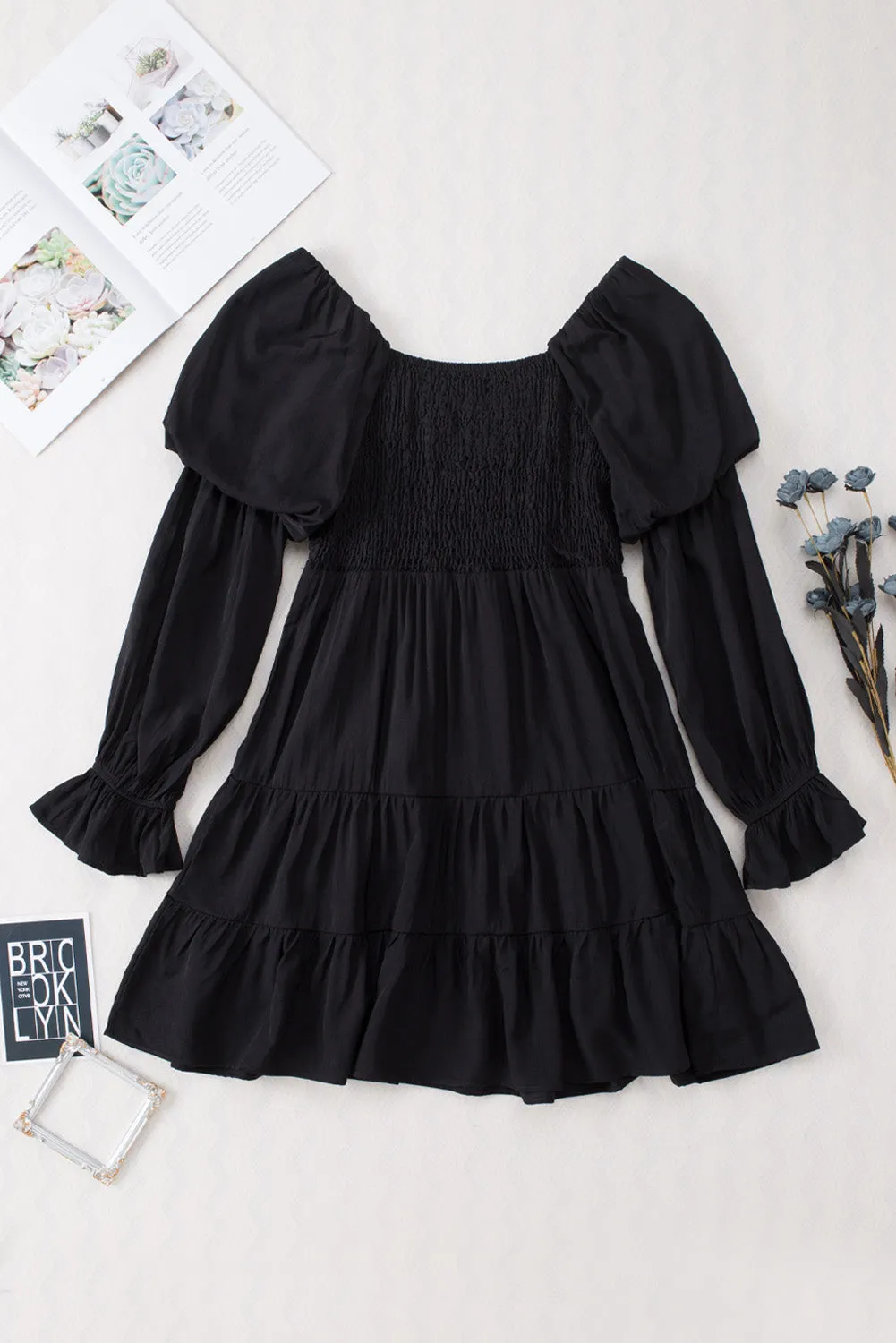 Black Boho Shirred Ruffle Mini Dress