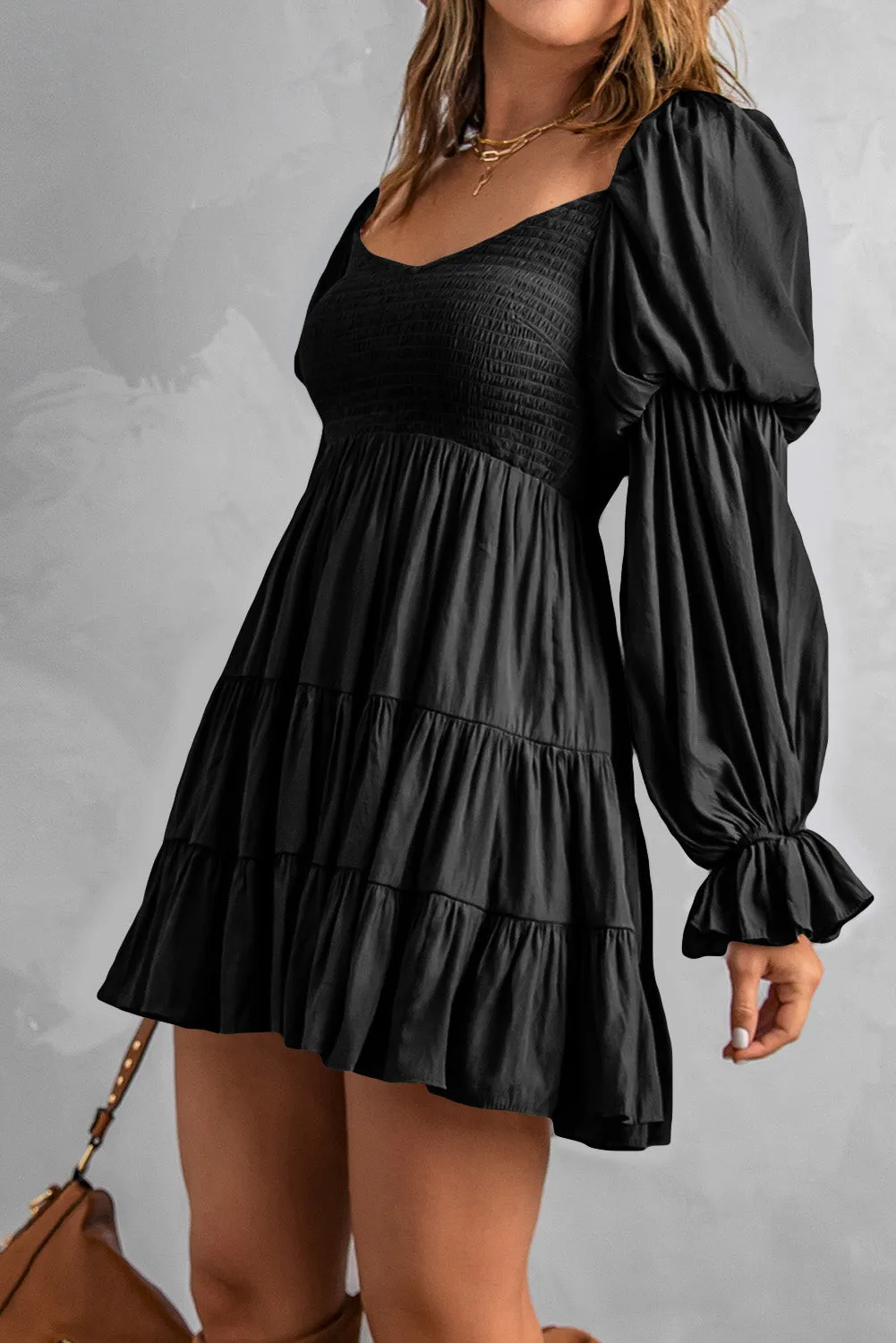 Black Boho Shirred Ruffle Mini Dress