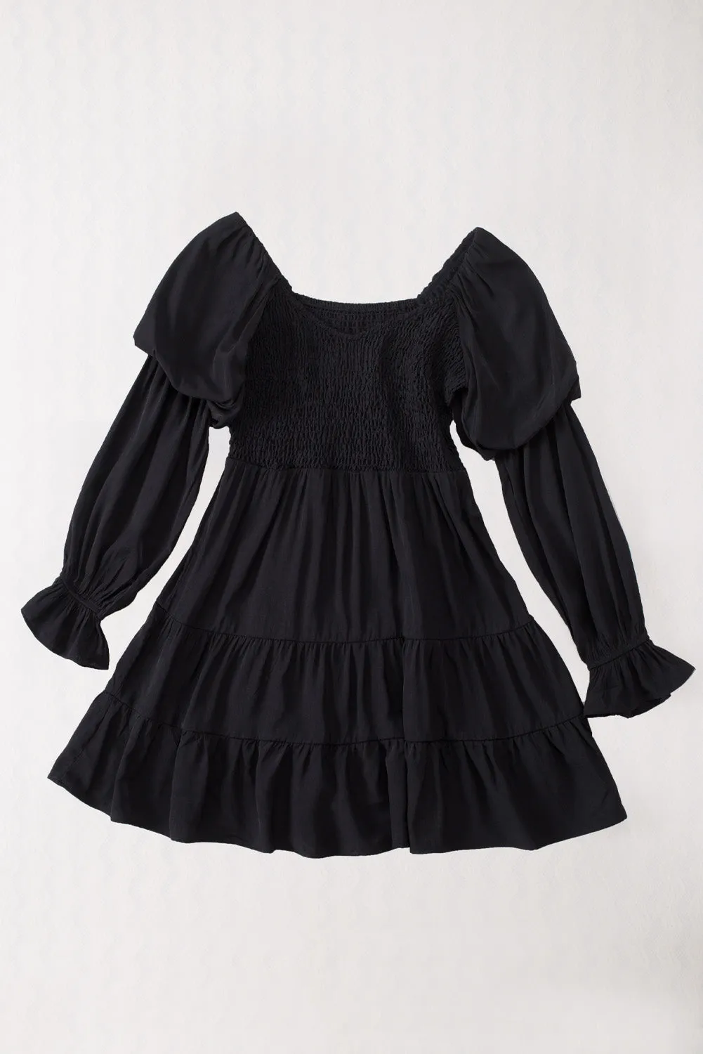 Black Boho Shirred Ruffle Mini Dress