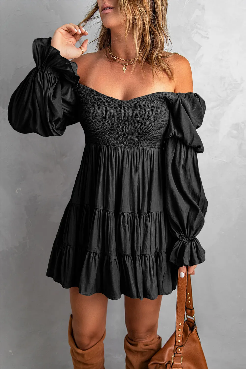 Black Boho Shirred Ruffle Mini Dress