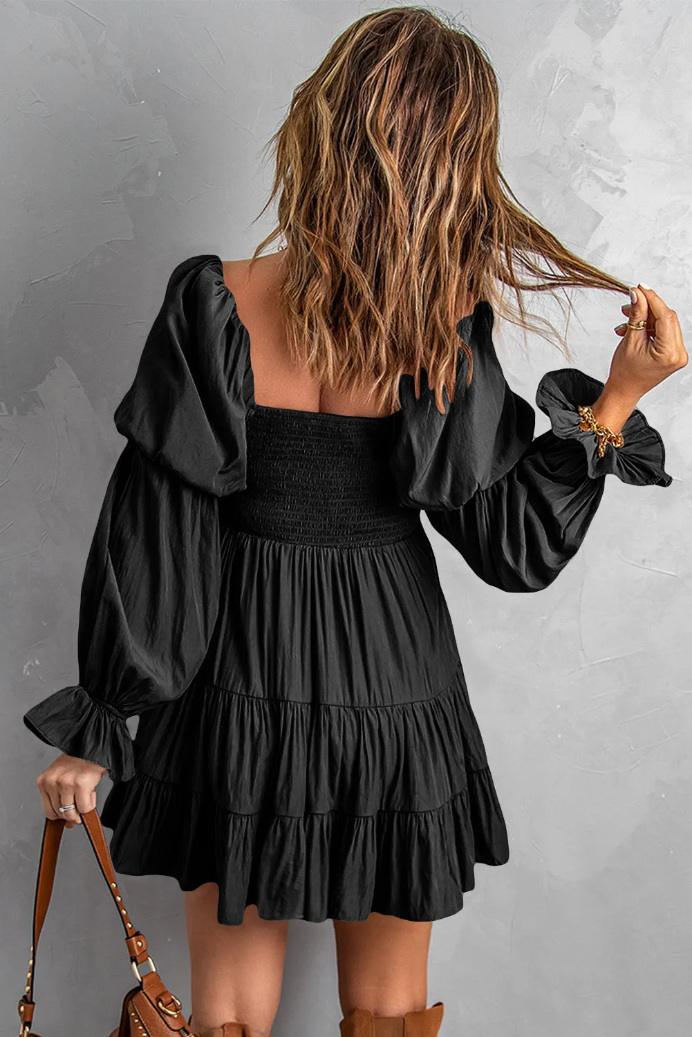 Black Boho Shirred Ruffle Mini Dress