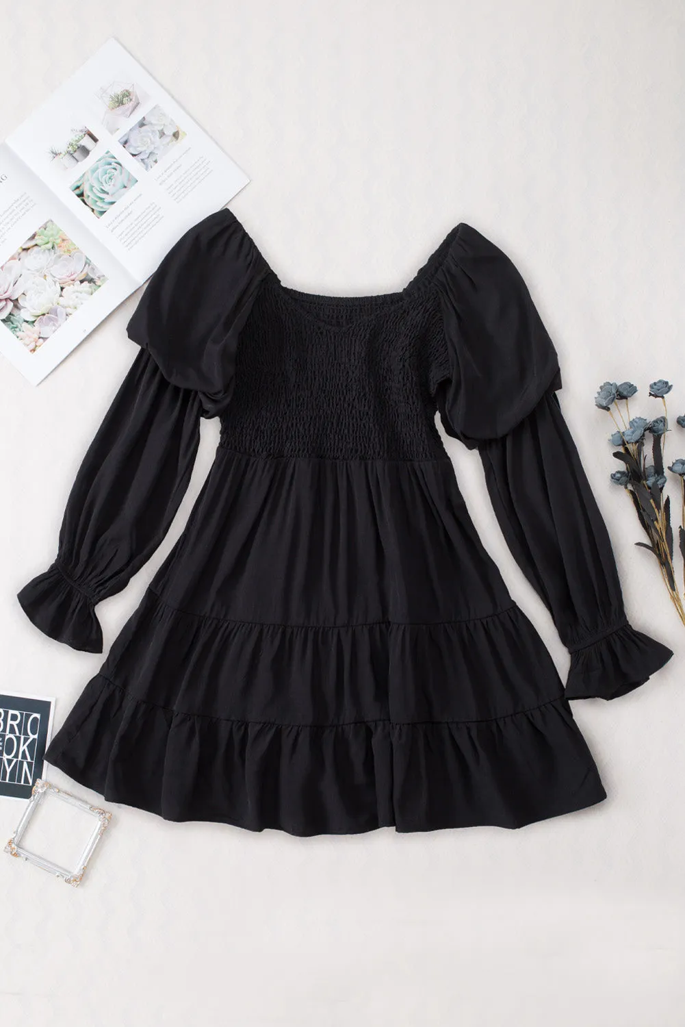 Black Boho Shirred Ruffle Mini Dress