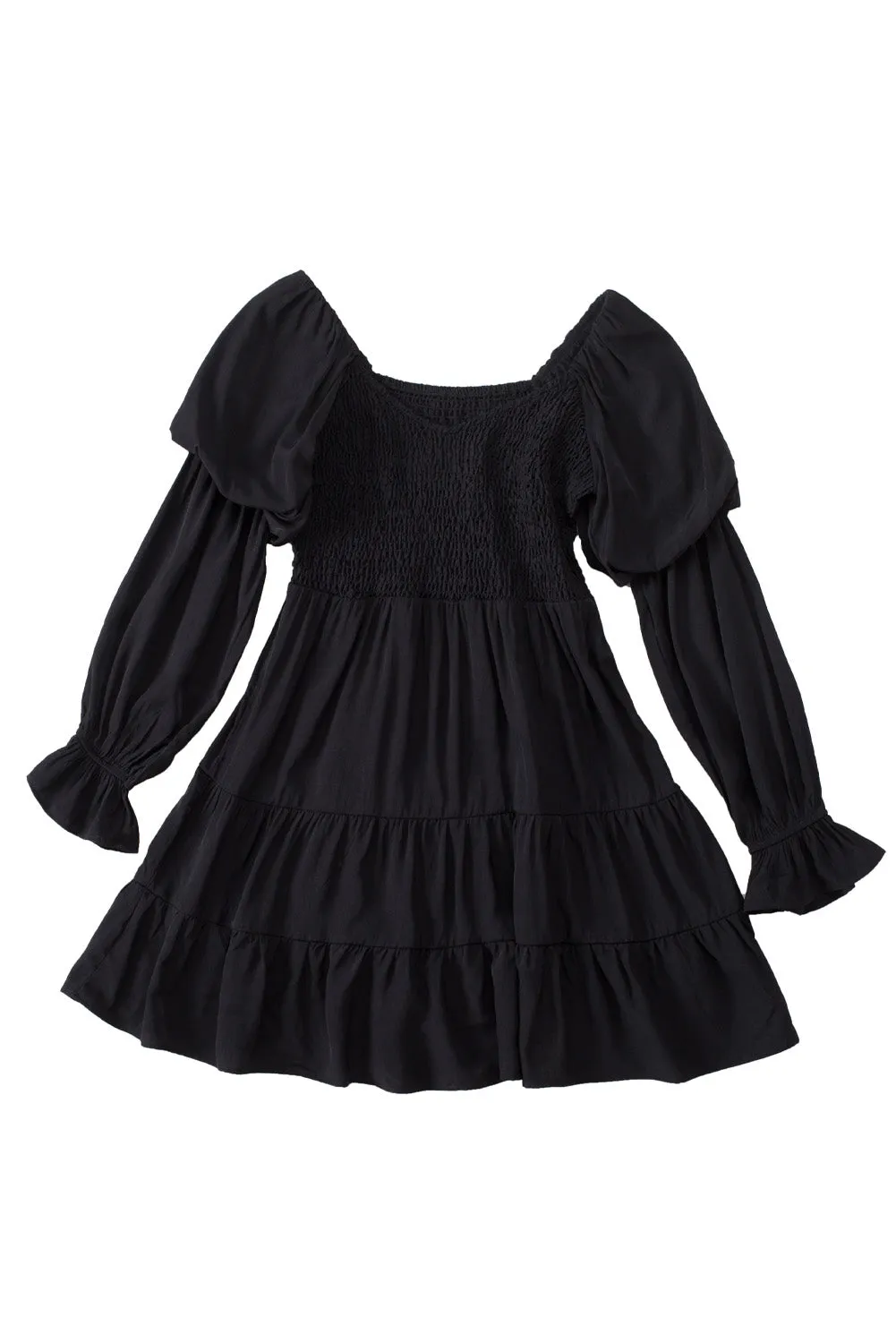 Black Boho Shirred Ruffle Mini Dress