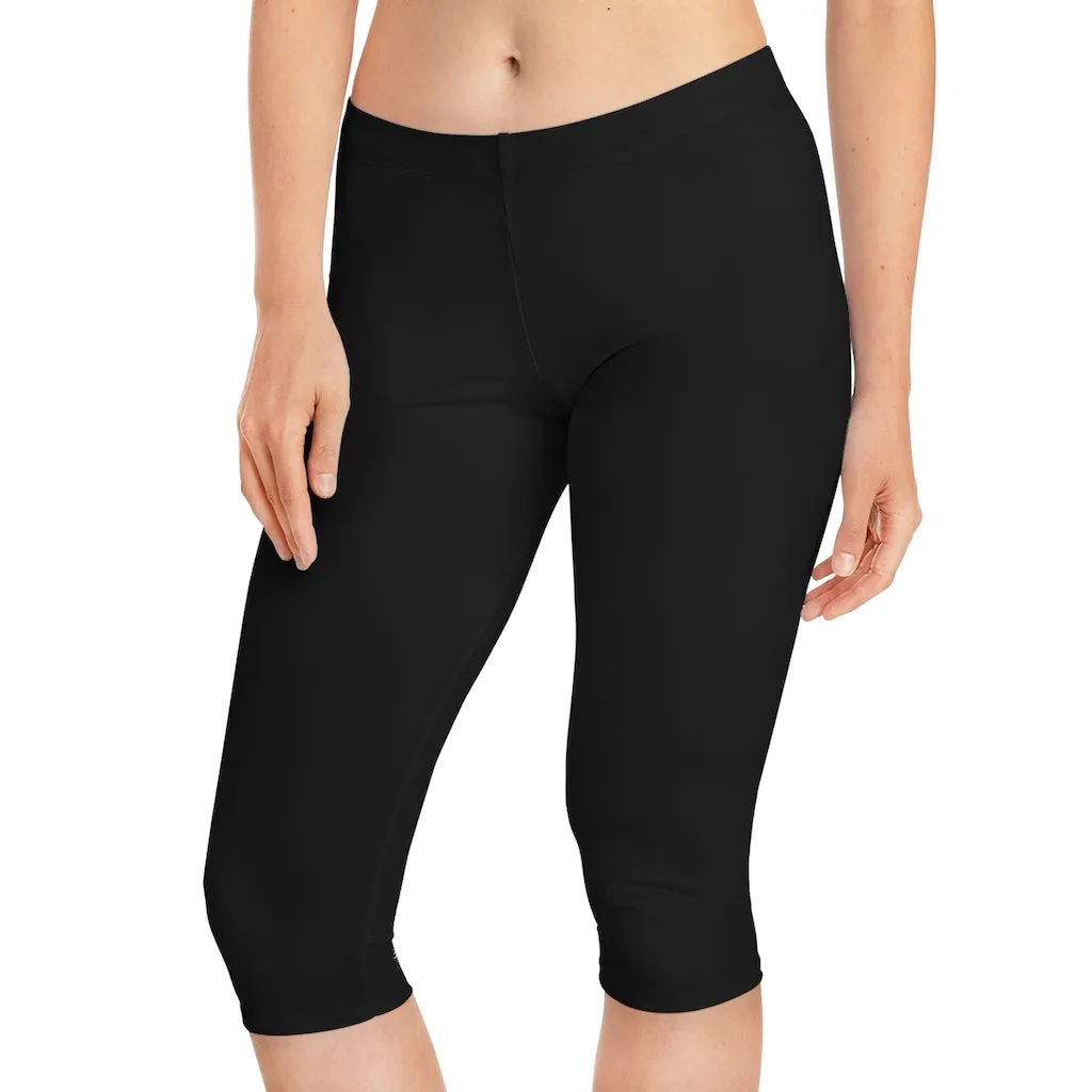 Black Color Women's Capri Leggings, Knee-Length Polyester Capris Tights-Made in USA (US Size: XS-2XL)