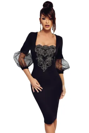 Black Embroidered Mesh 3/4 Sleeves Dress