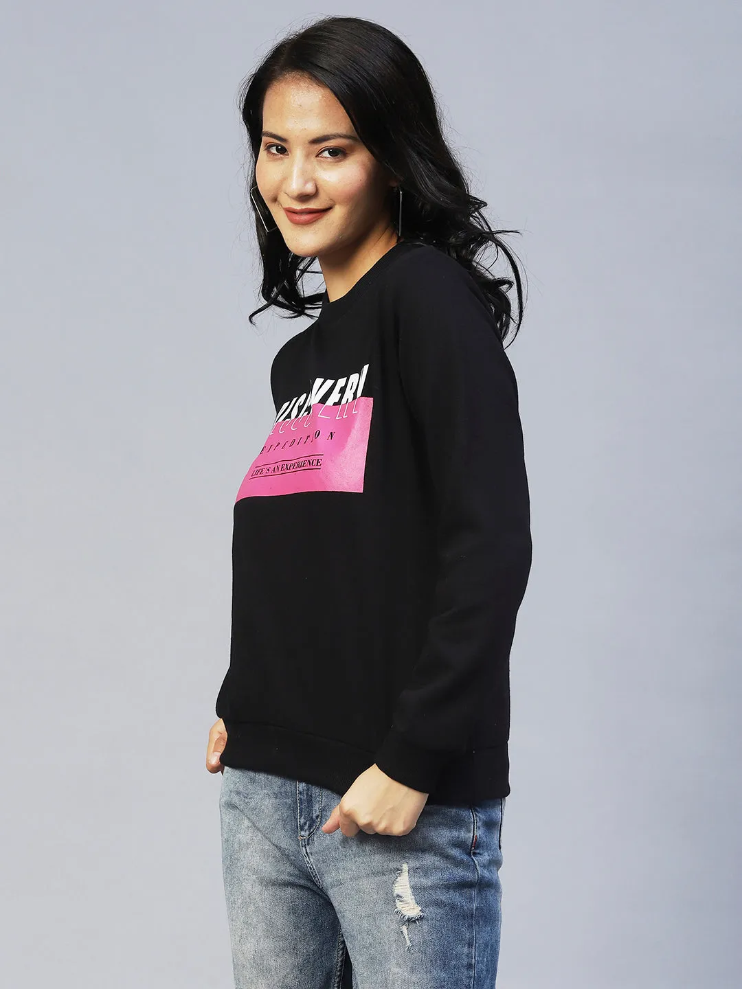 Black Printed Round Neck Fleece Sweatshirt