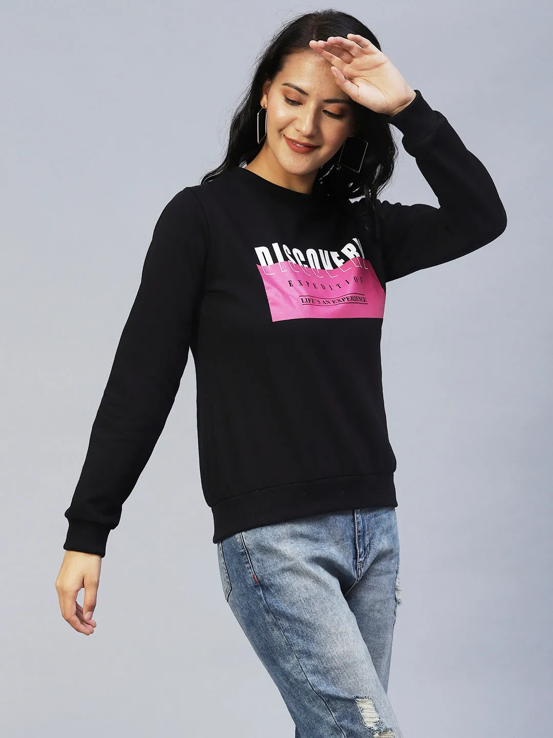 Black Printed Round Neck Fleece Sweatshirt