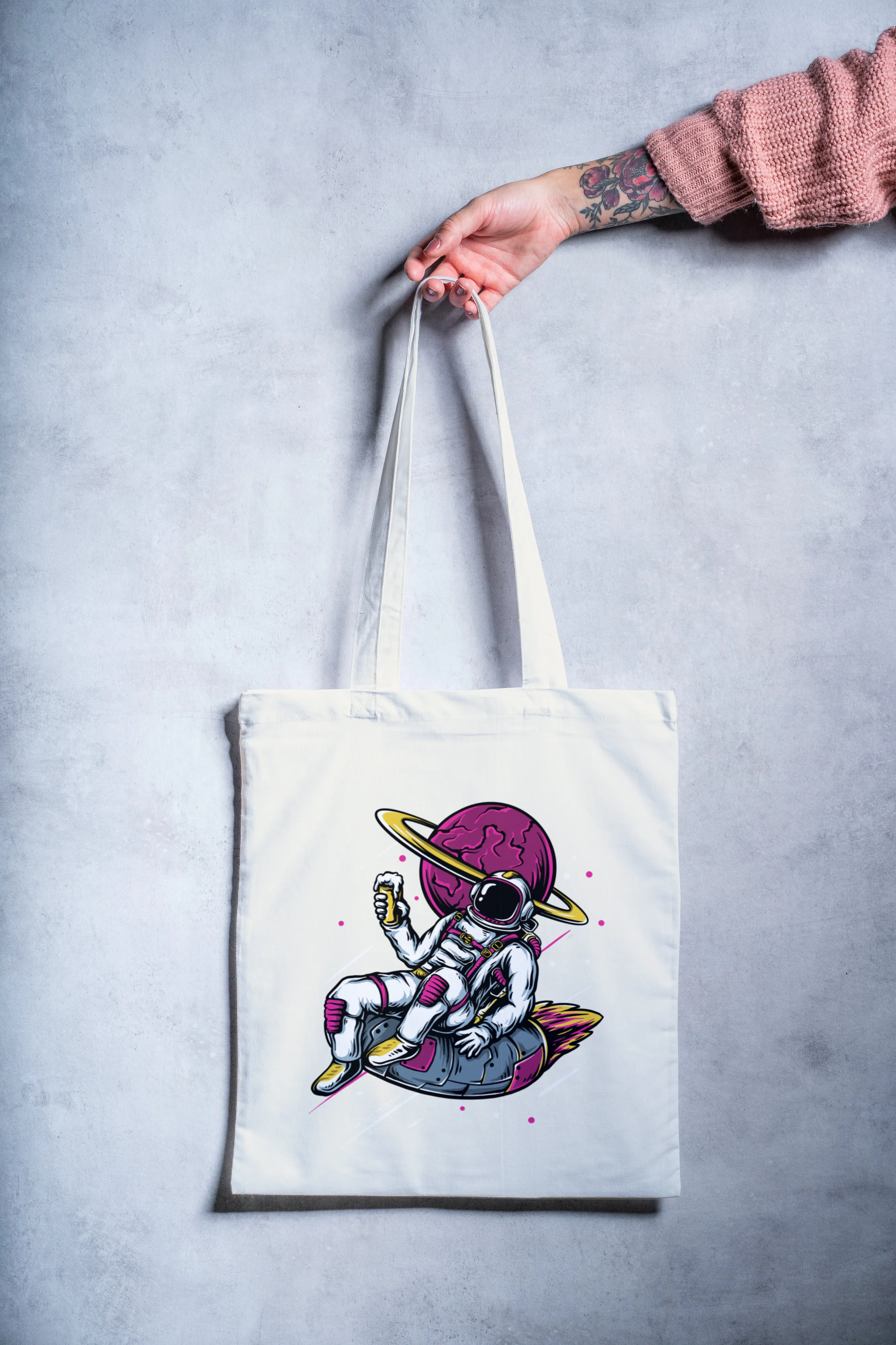 Black/White Astronaut Tote Bag with Zipper