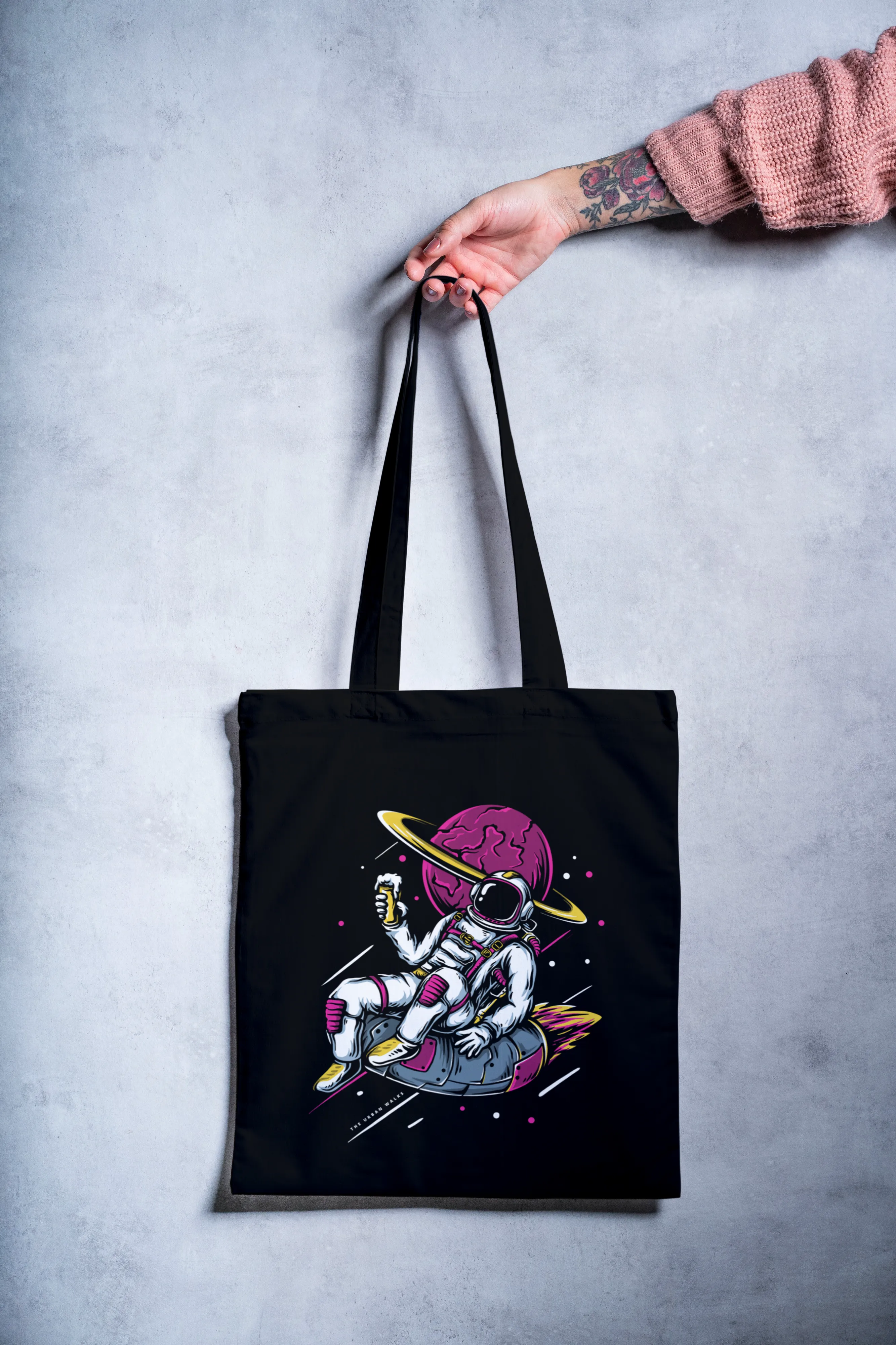 Black/White Astronaut Tote Bag with Zipper