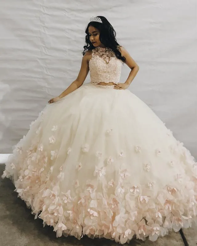 Blush Pink Lace Crop Tulle Two Piece Ball Gowns Quinceanera Dresses