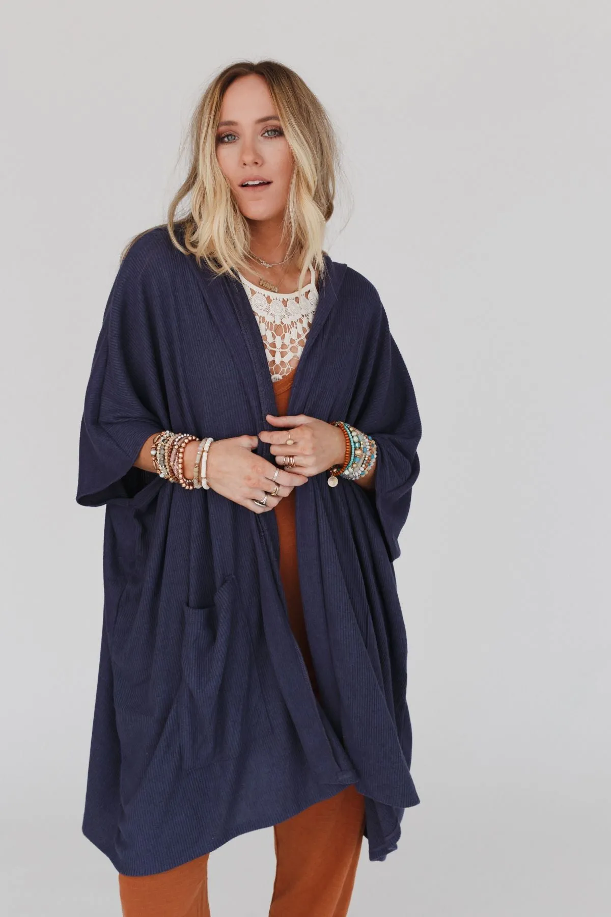 Boho Essential Hooded Ribbed Sweater - Navy