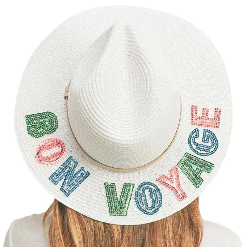 Bon Voyage Sequin Message Straw Panama Sun Hat