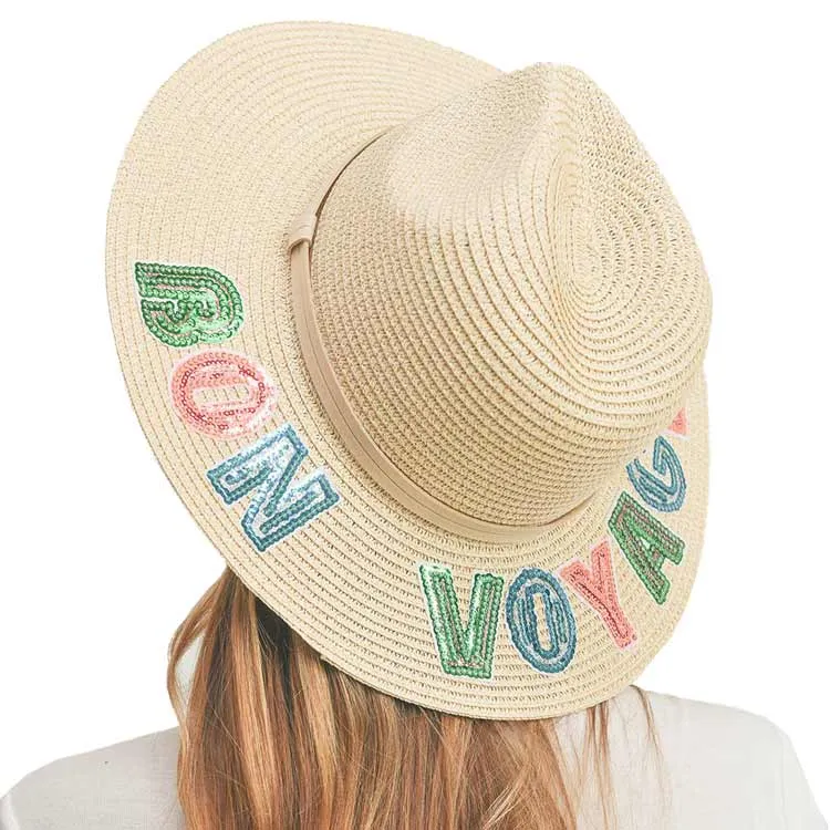 Bon Voyage Sequin Message Straw Panama Sun Hat