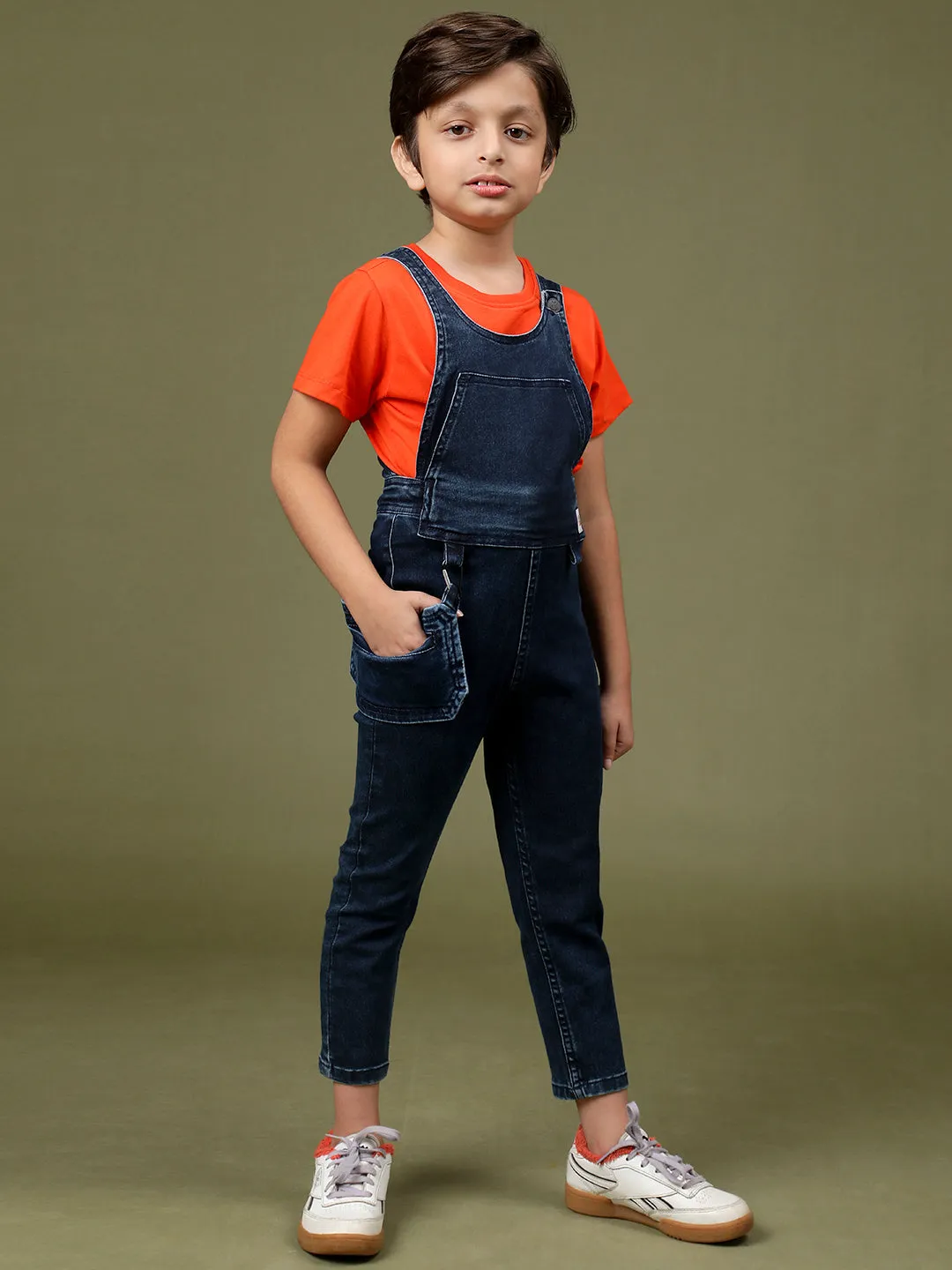 Boys Dark Blue Regular Fit Lycra Solid Dungaree