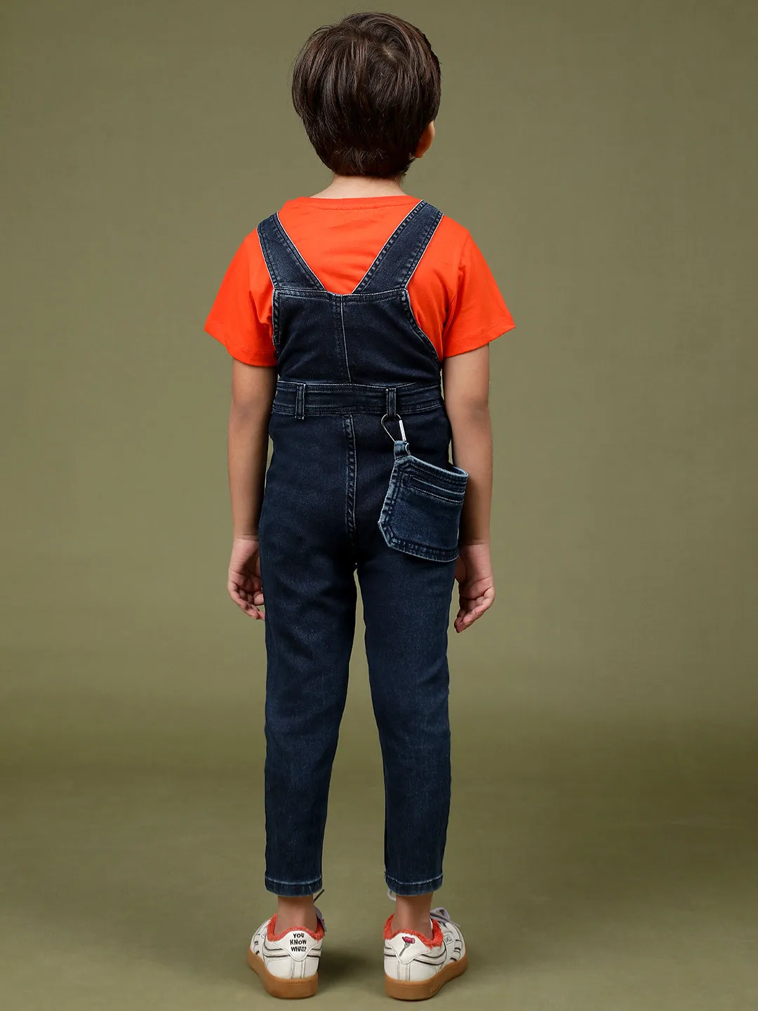 Boys Dark Blue Regular Fit Lycra Solid Dungaree