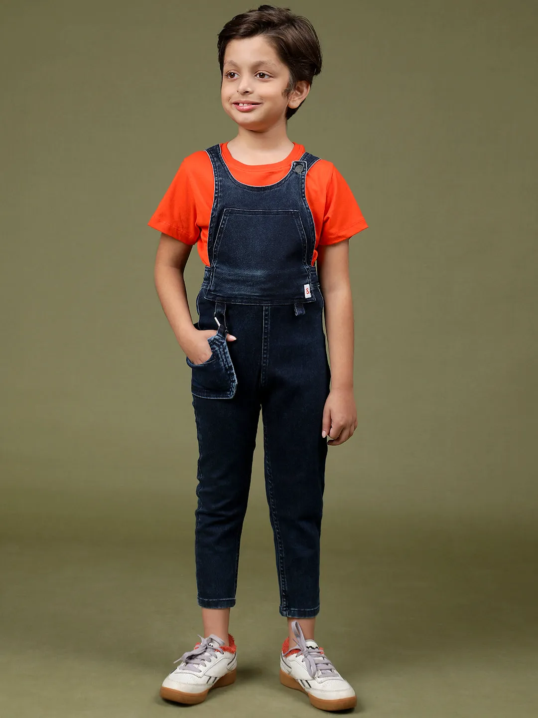 Boys Dark Blue Regular Fit Lycra Solid Dungaree