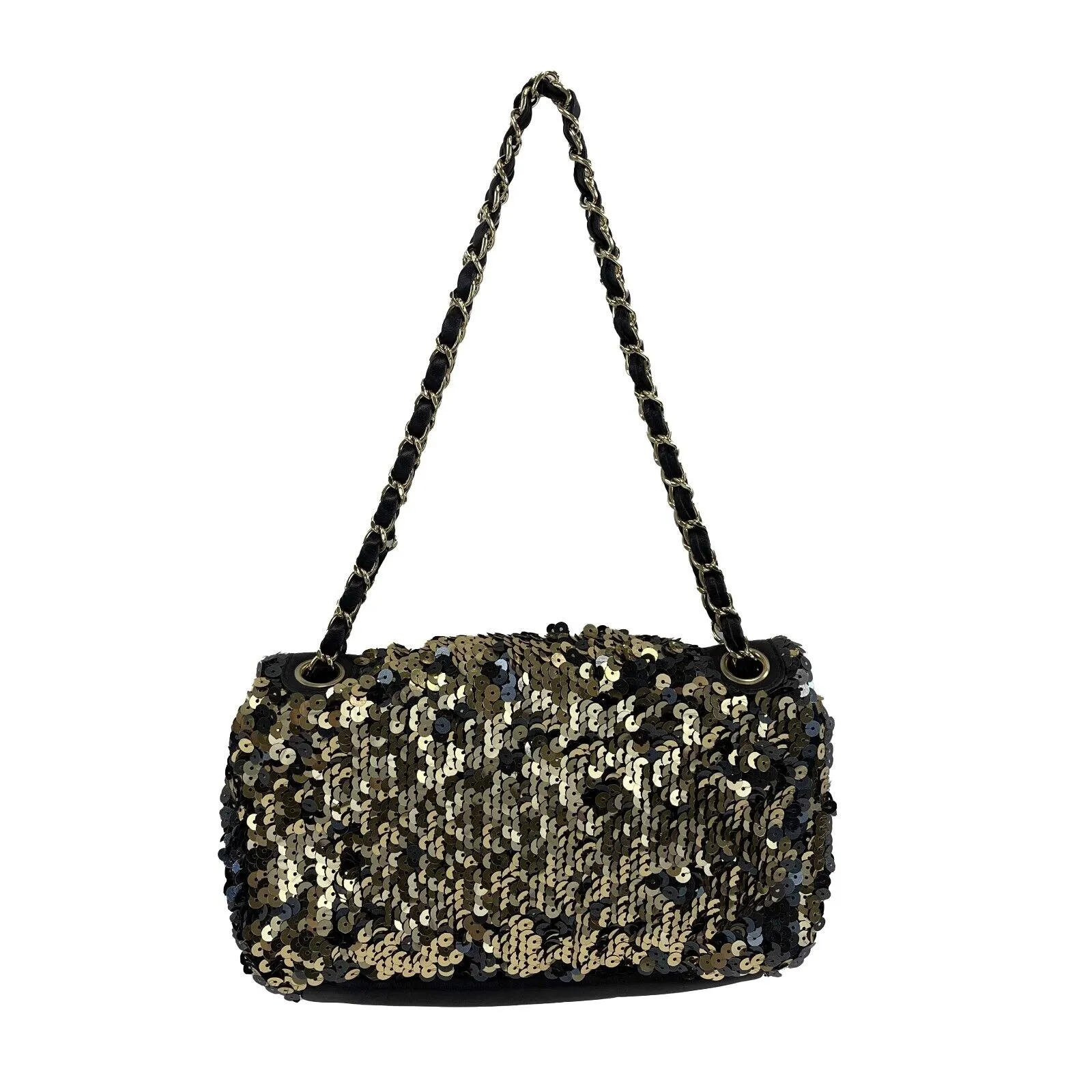 CHANEL - Summer Night Medium Flap Classic Satin/Sequin Black Gold Shoulder Bag