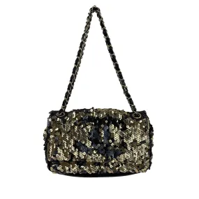 CHANEL - Summer Night Medium Flap Classic Satin/Sequin Black Gold Shoulder Bag