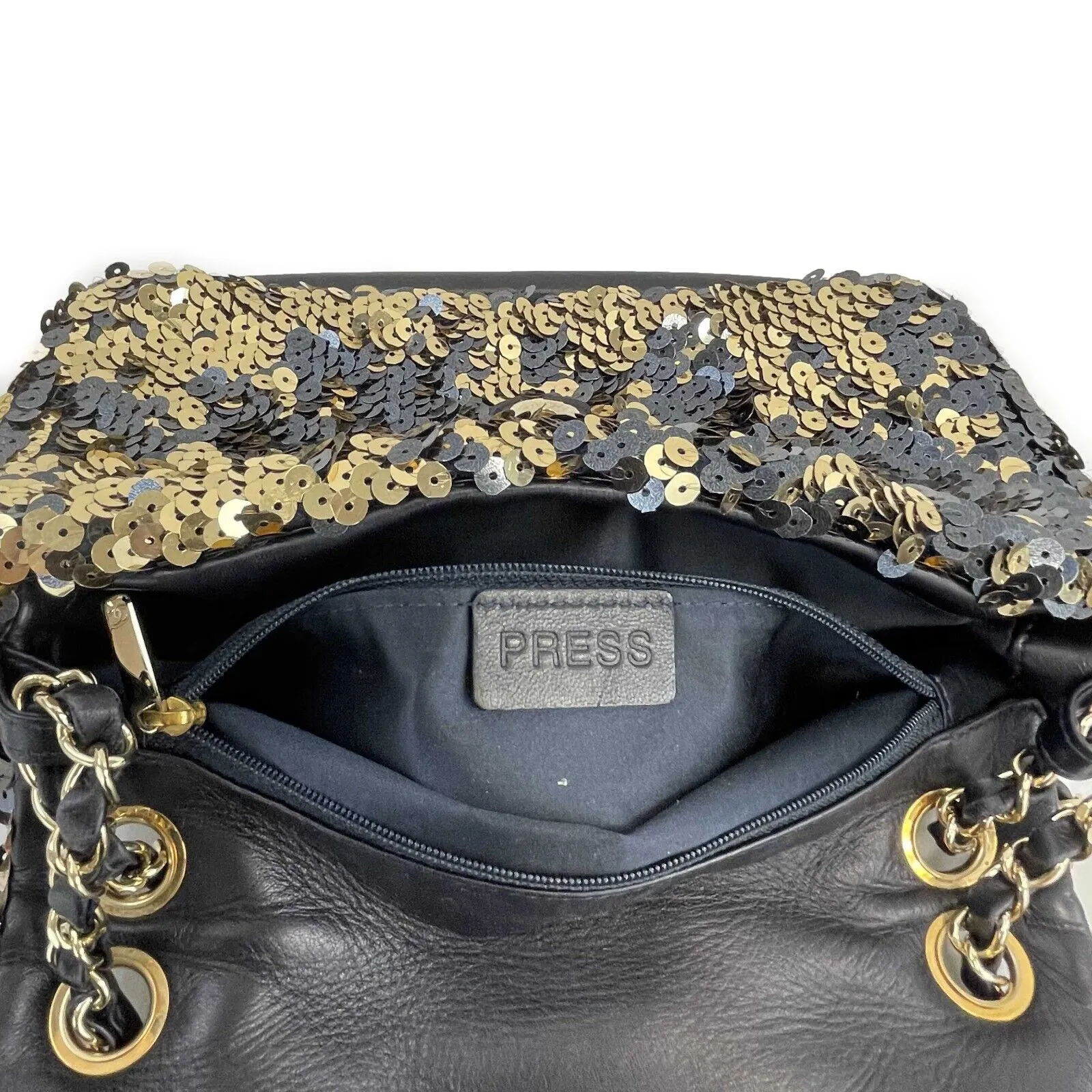 CHANEL - Summer Night Medium Flap Classic Satin/Sequin Black Gold Shoulder Bag