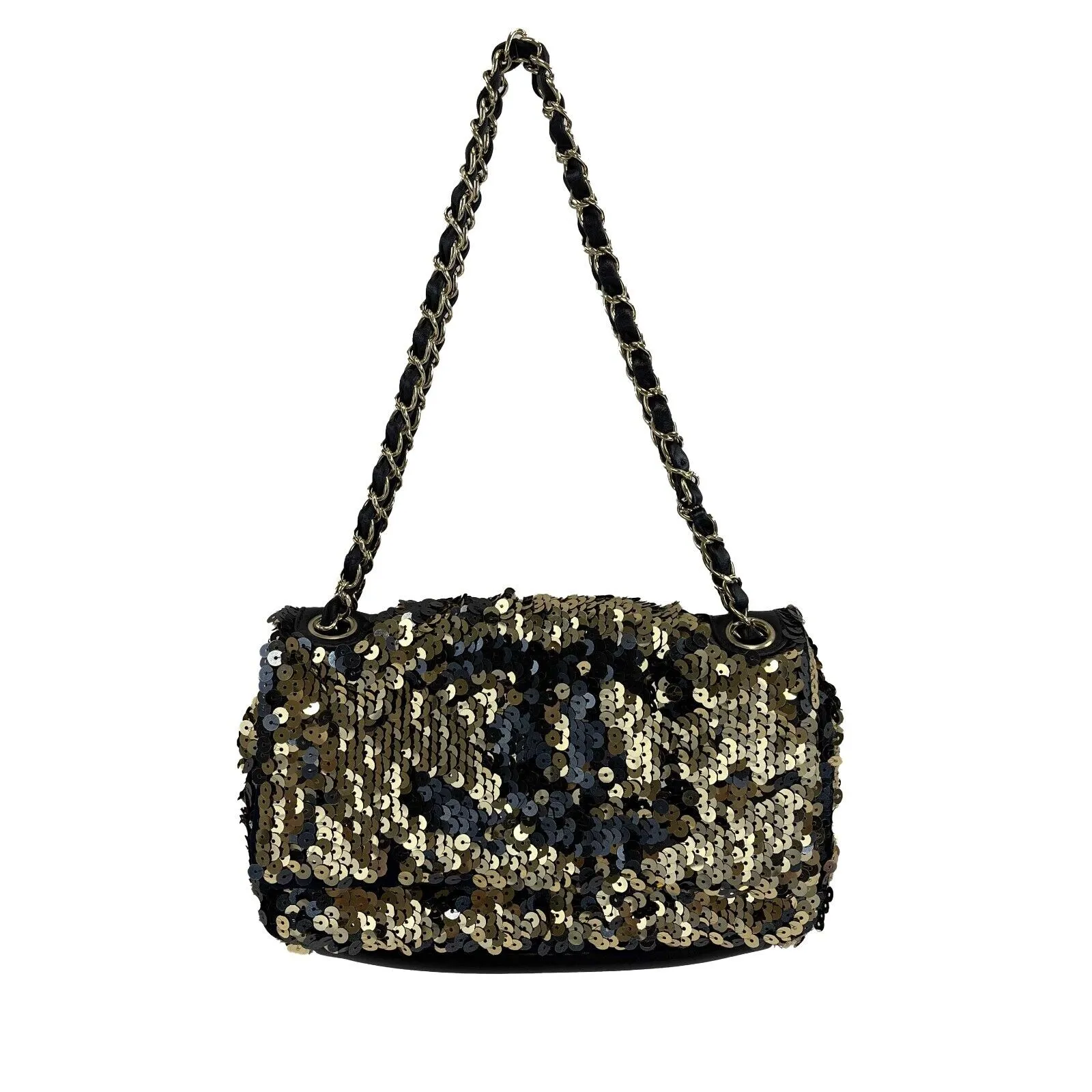 CHANEL - Summer Night Medium Flap Classic Satin/Sequin Black Gold Shoulder Bag