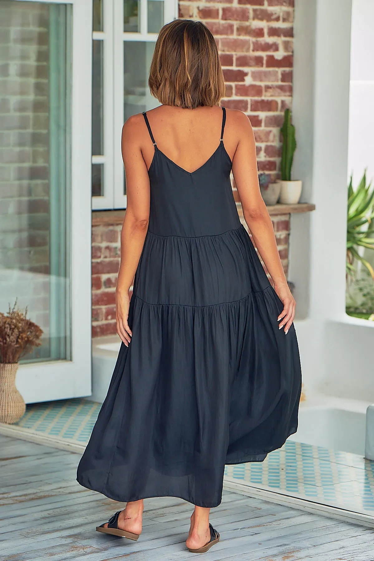 Collette Satin Tiered Black Maxi Dress