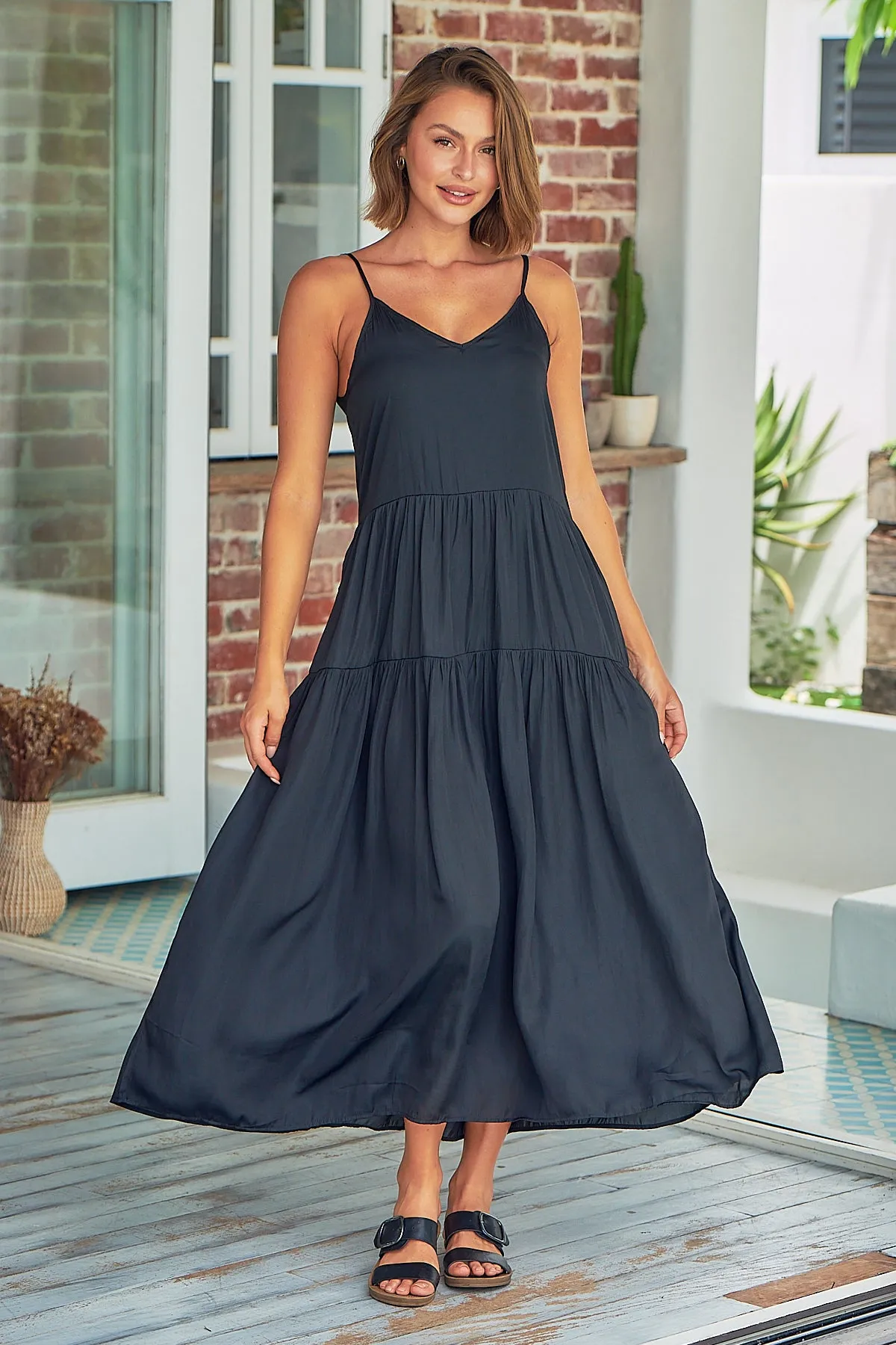 Collette Satin Tiered Black Maxi Dress