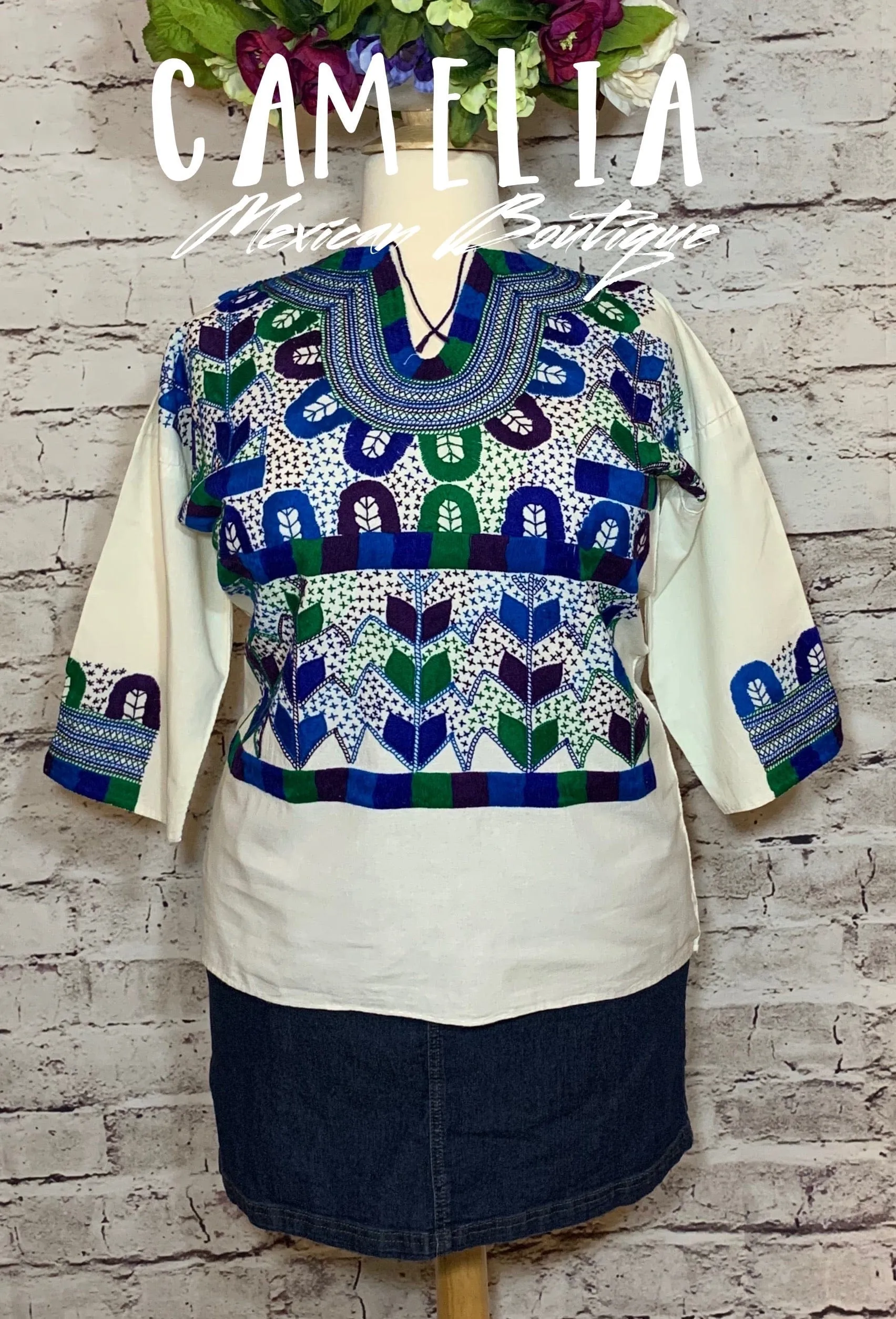 Corn Motif Mexican Blouse 3/4 Sleeve