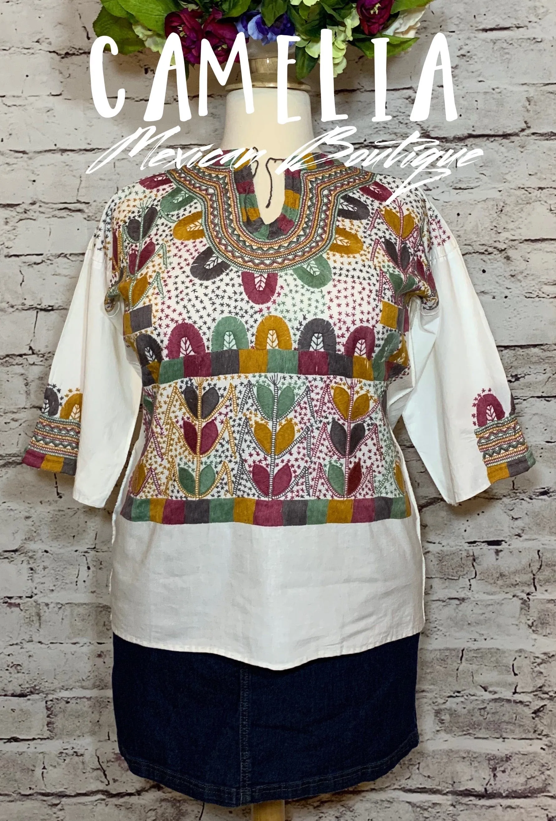 Corn Motif Mexican Blouse 3/4 Sleeve