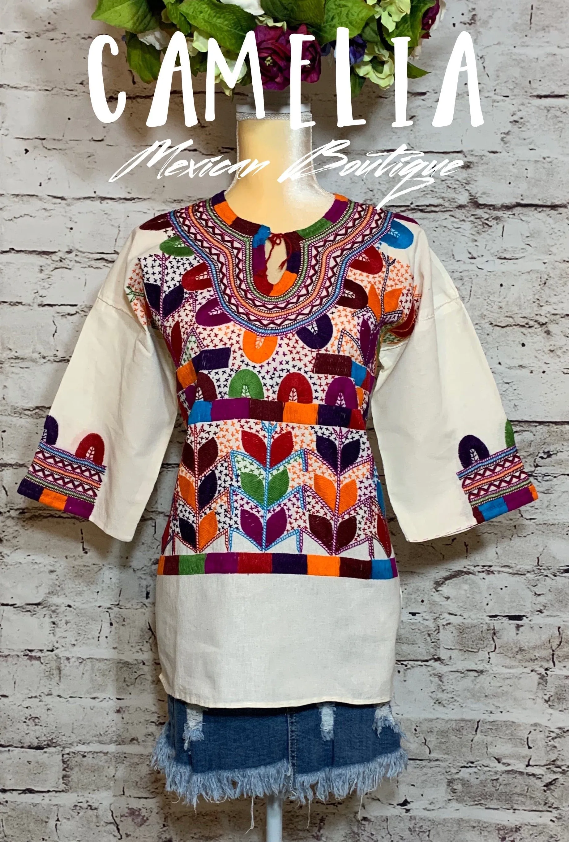 Corn Motif Mexican Blouse 3/4 Sleeve