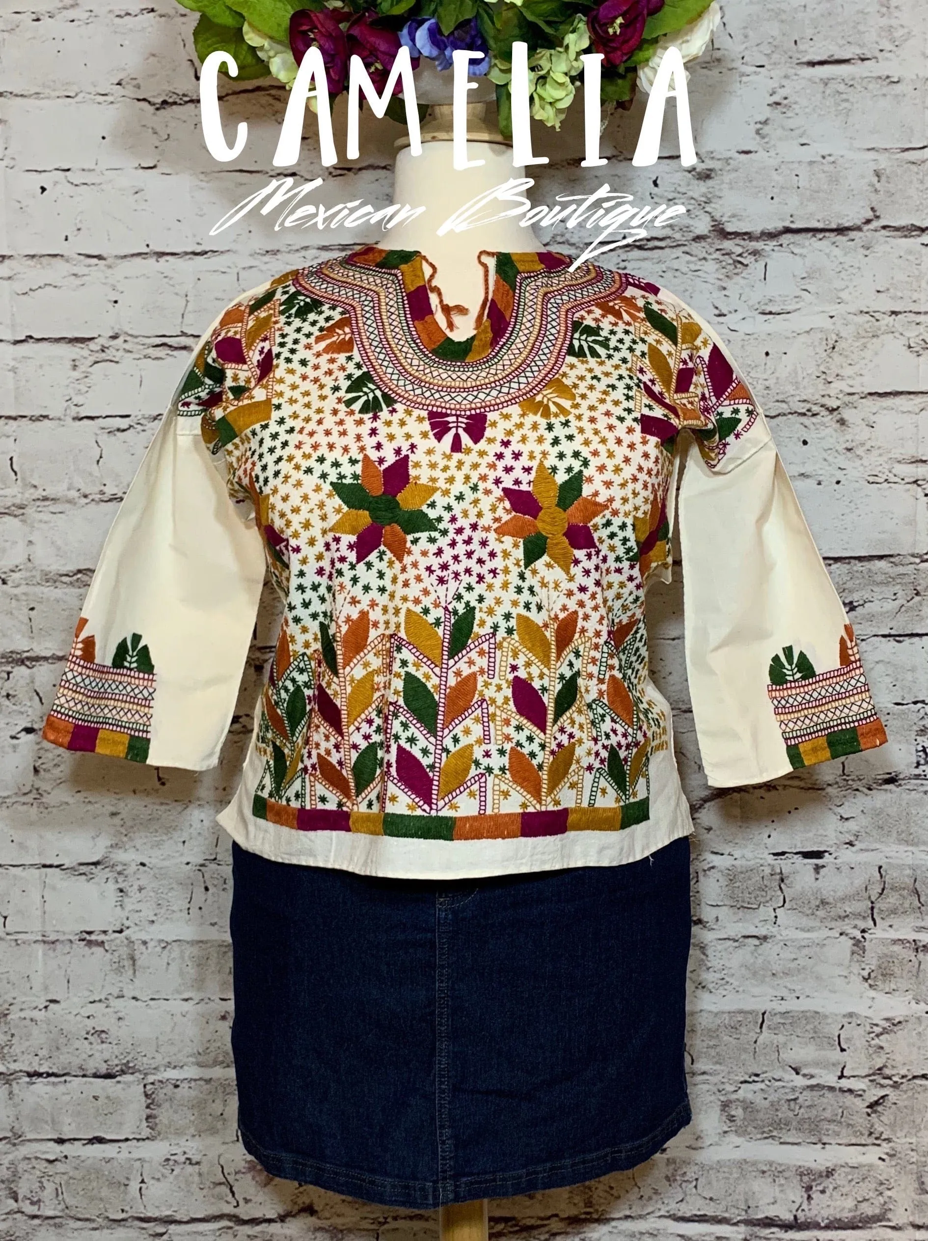 Corn Motif Mexican Blouse 3/4 Sleeve