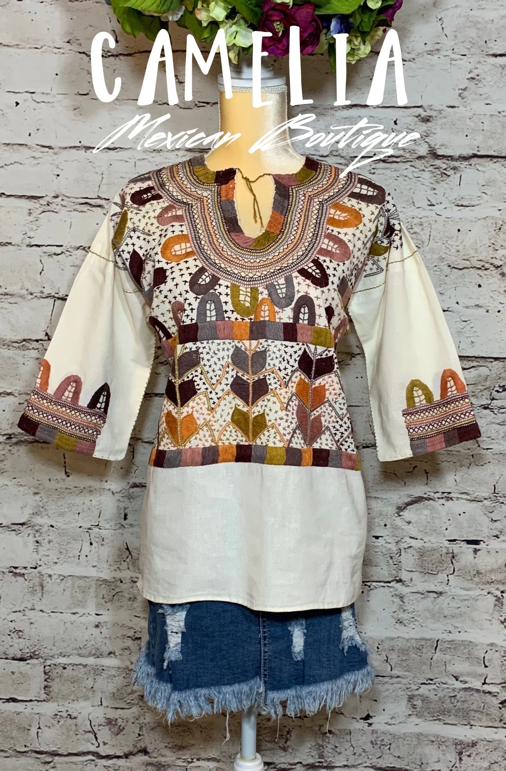 Corn Motif Mexican Blouse 3/4 Sleeve