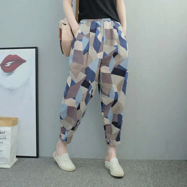 Cotton Linen Harem Women Pants  Summer Fashion Graffi Printed Casual High Waist Calf-Length Loose Trousers Female Streetwear