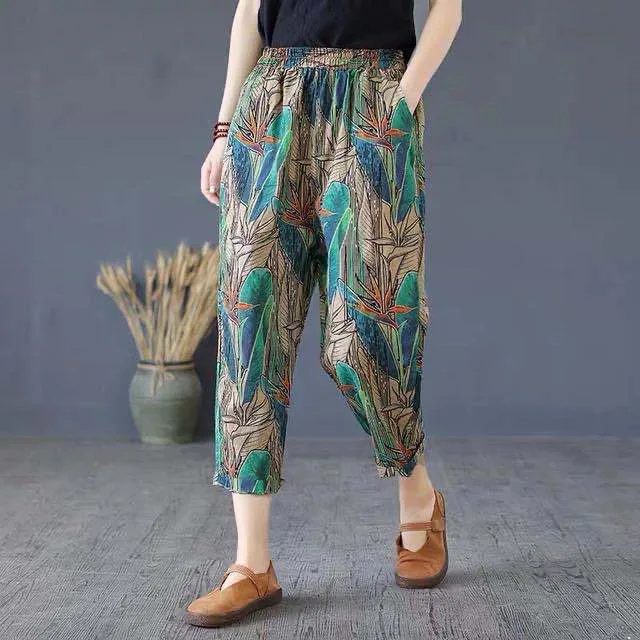 Cotton Linen Harem Women Pants  Summer Fashion Graffi Printed Casual High Waist Calf-Length Loose Trousers Female Streetwear